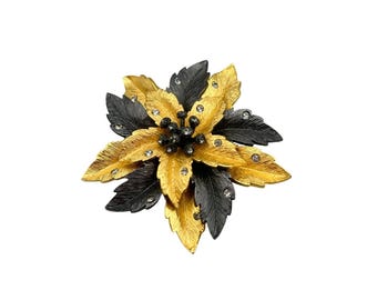 JOAN RIVERS  Flower Brooch Gold And Black Layered Rhinestones Flower