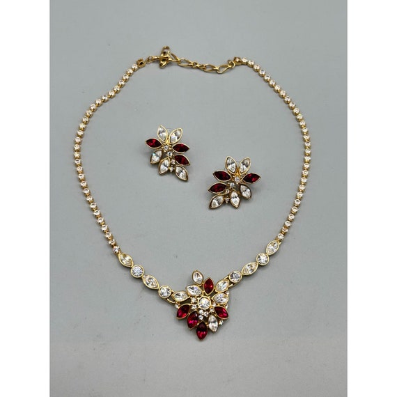 Vtg Monet Necklace and Earrings Set Clear and Red… - image 5