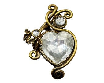 Vintage Heart Pin Brooch Clear Acrylic Stone Gold Tone Swirl Setting Romantic