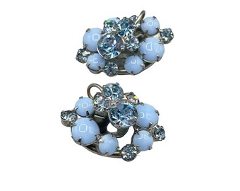 Vintage Juliana D&E Clip On Earrings with Blue Rhinestones and Cabochons