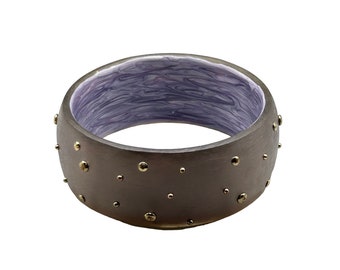 Frosted Lucite Bracelet Studded Bangle Wide Rigid Satin with Raised Gold Dots