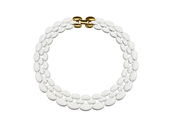 Signed NAPIER White Enameled Choker Collar Necklace Wide Pebble Links Vintage