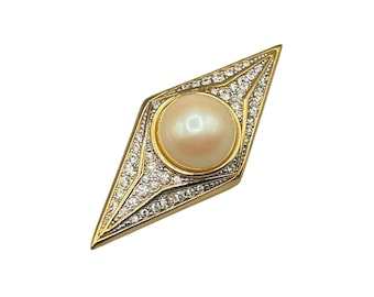 Vintage Gold Tone Diamond Shaped Brooch with Faux Pearl & Sparkly Rhinestones