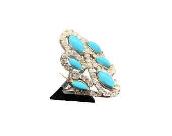 Turquoise and Crystals Ring Size 9 Sterling Silver Ethnic Statement Ring