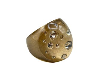 Big Bold Chunky Domed Ring Rhinestones Golden Tan Clear Lucite Size 8 Wide Ring