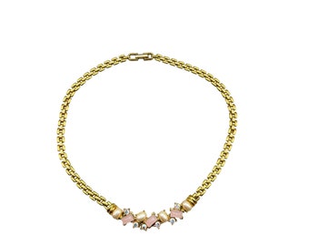 Vtg Trifari Necklace 80s 90s Costume Jewelry Pink Faux Stones Gold Tone Metal