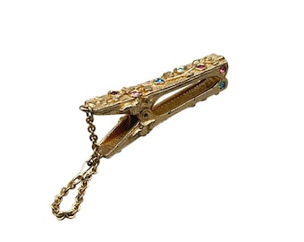 Vintage Gold ToneGlowers Dress or Scarf Clip with Chain Rhinestones Embellished Clothespin