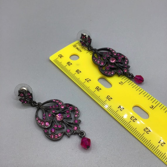 Pink Dangles Earrings Drops Rhinestones Art Nouve… - image 7