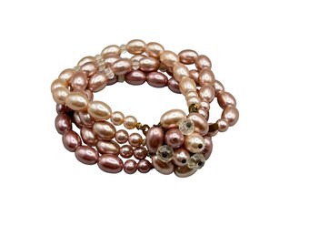 Vintage Beaded Bracelet Japan Ombre Faux Pearl Multistrand Bracelet Floral Clasp