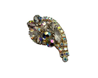 Vintage Paisley Brooch with AB Beads Smokey Grey Rhinestones Gold Tone Setting