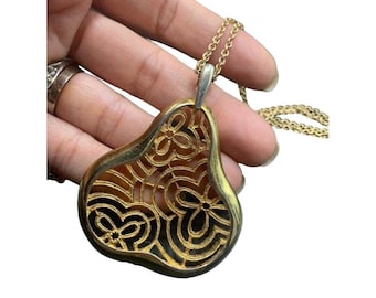 Ornate Gold Tone Pear Necklace Swirls and Flowers Retro Costume Jewelry