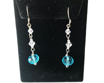 Aqua Color Crystals Earrings Sterling Silver Earrings Dangles Long Earrings