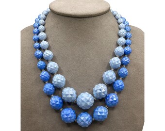 1950s WEST GERMANY Necklace Double Strand Faceted Plastic Beads Blue Shades