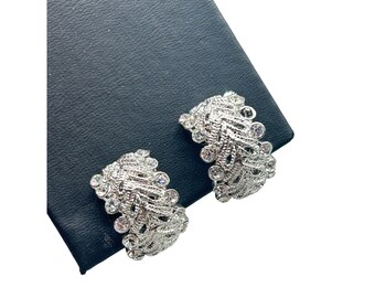 Vintage Clip On Earrings Silver Tone Huggies Hoops Rhinestones Elegant Jewelry