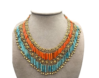 Genuine Egyptian Revival Necklace Gold Gilt Faience And Coral Beads Bib Statement Necklace