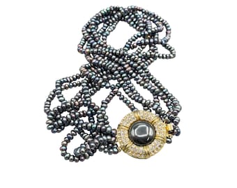 Vintage Pearls Necklace Multi-Strand Peacock Freshwater Pearl Statement Jeweled Clasp