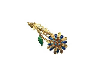 18K Italy Gold Flower Brooch with Blue & Green Enamel Design 5.4 Grams