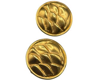 90s Clip On Earrings Buttons Matte Gold Tone Scales Design Slightly Domed Clips