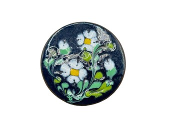 Enamel Over Copper Brooch Flowers White Daisy Design Handcrafted Pin Blue Green