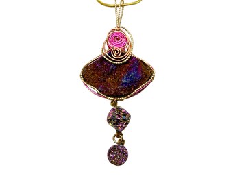 Handcrafted Wire Wrapped Pendant Necklace Pink Druzy Stone Long Gold Tone Chain
