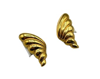 Vintage Napier Gold Tone Clip On Earrings Puffy Ribbed Design Wing Shaped