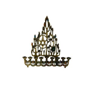 Vintage Brass Brutalist Israel Menorah Judaica Hanukkah Shabbat 9 Candle Holder