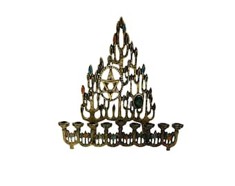 Vintage Brass Brutalist Israel Menorah Judaica Hanukkah Shabbat 9 Candle Holder