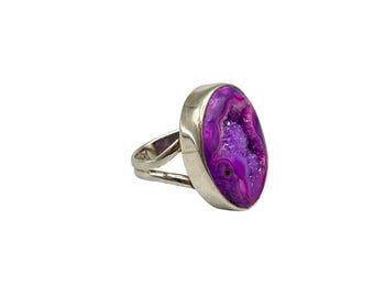 Purple Druzy Agate & Sterling Silver Ring Size 5 Silver 925 Oval Stone Ring