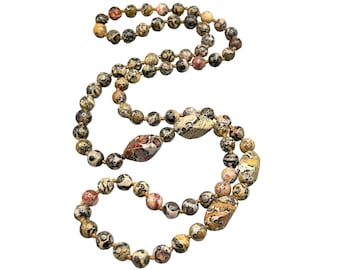 Vintage Leopard Jasper Hand Knotted Beaded Necklace Stone Beads Jewelry