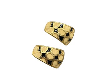 Vintage Gold Tone Enamel Clip On Earrings with Black & Cream Geometric Design