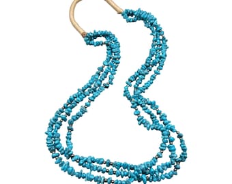 Vintage Multi Strand Turquoise Color Necklace Triple Strand Nuggets Woven Cord