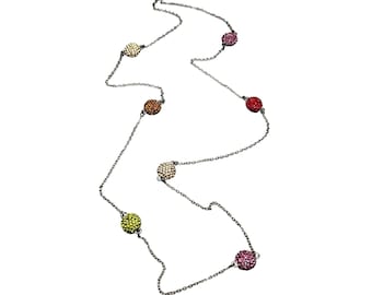 Vintage Colorful Crystal Station Necklace Long Gunmetal Thin Chain