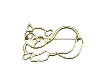 Cat Brooch Vintage Cat Pin Gold Tone Outlined Puffy Cat Jewelry