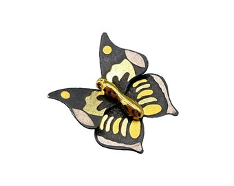 Vintage Petite Butterfly Pin Brooch Black & Gold Signed Small Bug Insect Jewelry