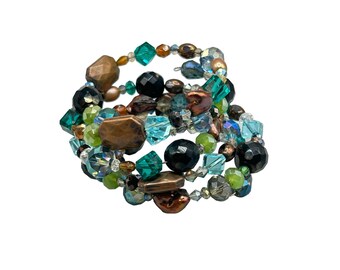 Beaded Memory Wire Bracelet Blue Green Crystals Beads and Cultivated Pearls