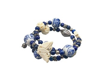 Vintage Wrap Bracelet BJ Sterling Silver 925 Lapis Lazuli Ceramic Carved Butterfly