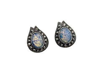 Vintage Earrings Opaline Art Glass Cabochon Studs with Ornate Silver Setting