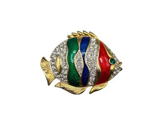 Vintage Multicolor Rhinestone Fish Brooch Pin Red Green Blue Enamel Gold-Tone Metal