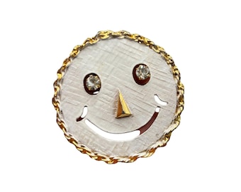 Vintage Smile Smiley Face Pin Brooch Pendant Necklace Gold Tone And White Enamel