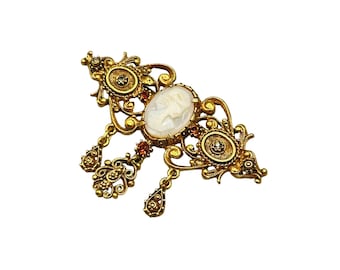 Vintage FLORENZA Cameo Pin Brooch Rhinestones Dangles Genuine Carved Shell