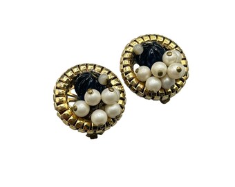 Signed Eisenberg Gold Clip On Earrings with Faux Pearls & Blue Melon Ball Beads