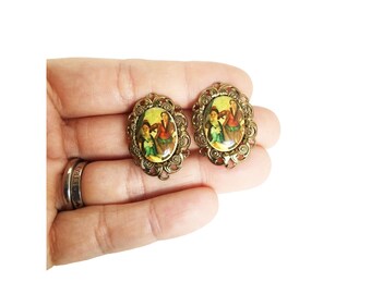 West Germany Clip On Earrings Gold Tone Glass Cabochons Gold Tone Filigree
