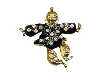 Vintage Articulated Clown Pin Brooch Rhinestones And Black Enamel