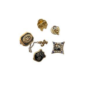 Vintage 10K Gold Fraternity And Religious Pin Lot With Pearl & Enamel Details