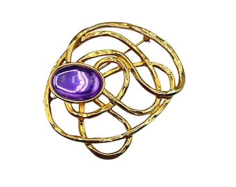 Vintage Oversized Large Pin Brooch With Purple Cabochon Scribble Golden Web Abstract Design