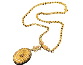 Antique Victorian Locket Necklace Ornate Design with Leaves and Front Clasp