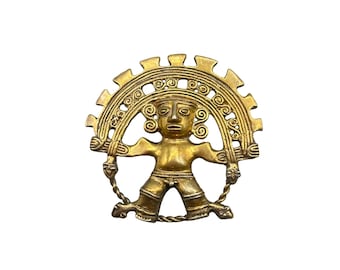 Pre Columbian Pin Brooch Pendant Gold Tone Museum Replica Diquis Tumbaga Shaman Serpents