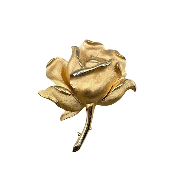 Vintage Signed Trifari Gold Tone Rose Flower Pin Brooch Blossom Textured Metal