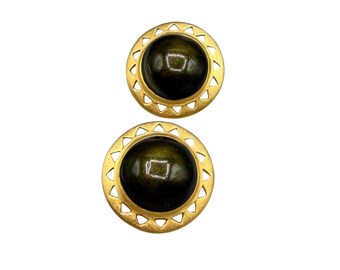 Vintage Olive Green Earrings Pierced 80s Buttons Earrings Domed Matte Gold Tone