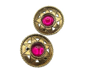 Vintage Gold Tone Clip On Earrings With Hot Pink Acrylic Cabochons Round Statement